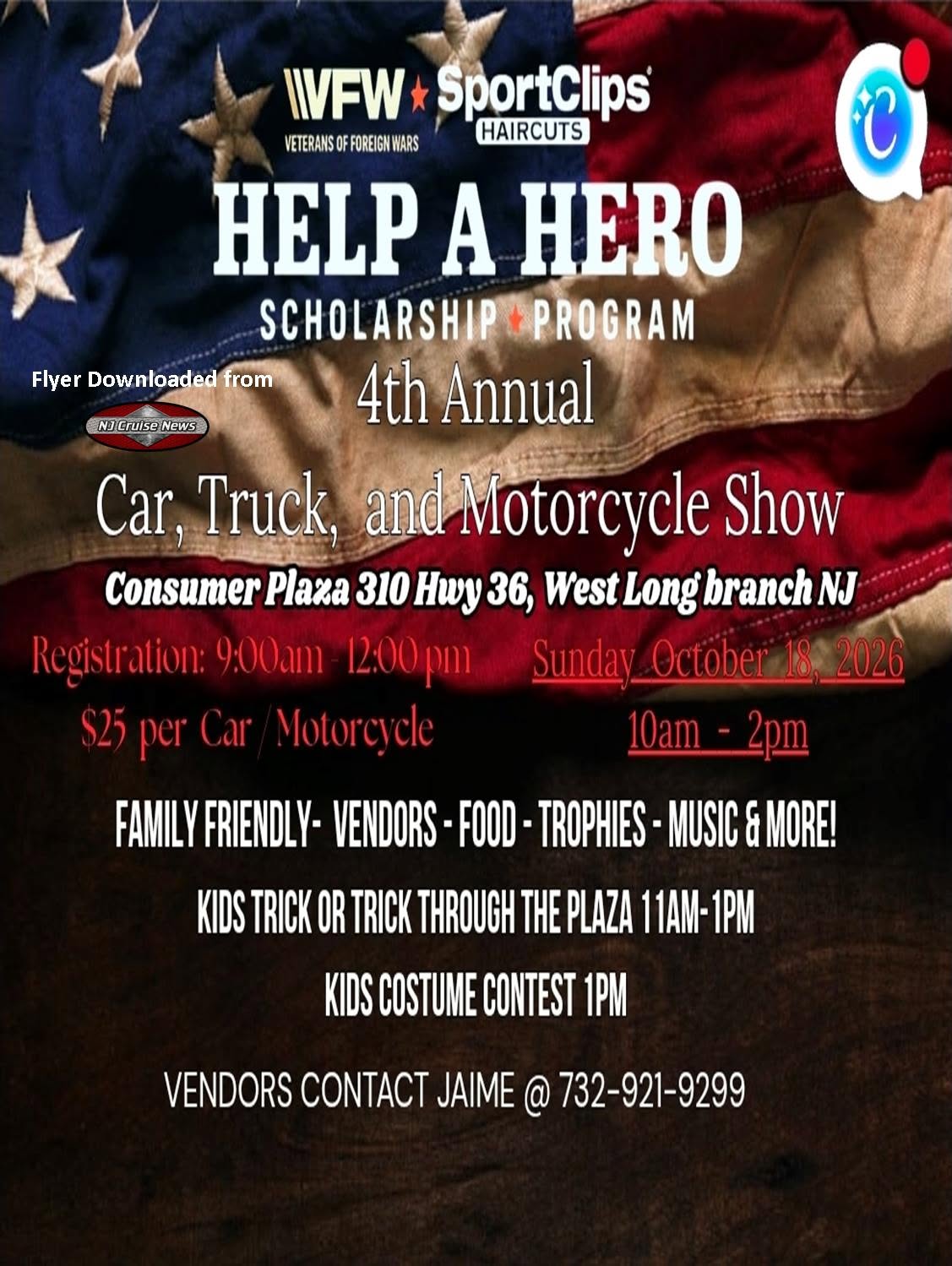 Flyer for VFW Help A Hero Scholarship Program 4th Annual Car, Truck, and Motorcycle Show