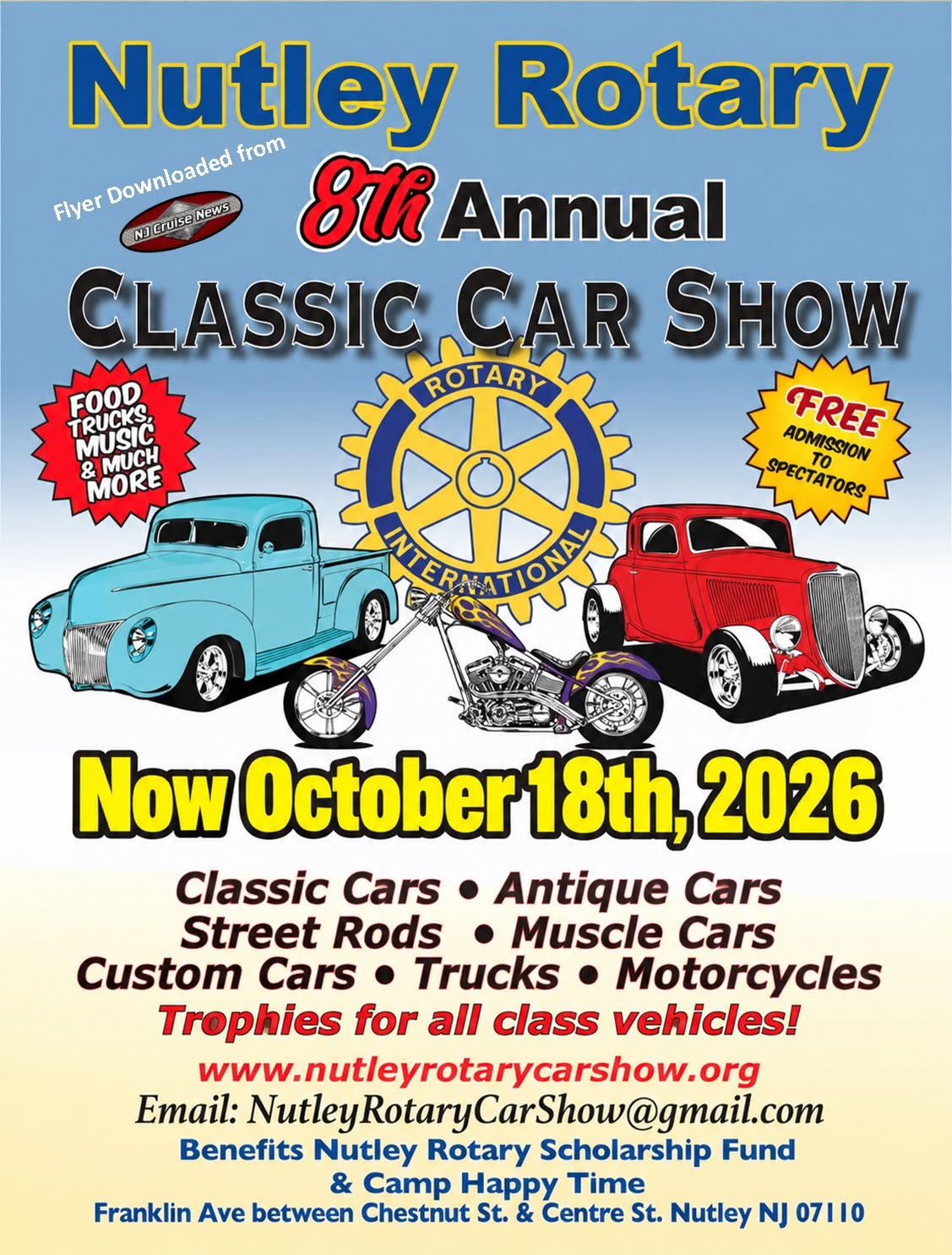 Flyer for Nutley Rotary 8th Annual Classic Car Show