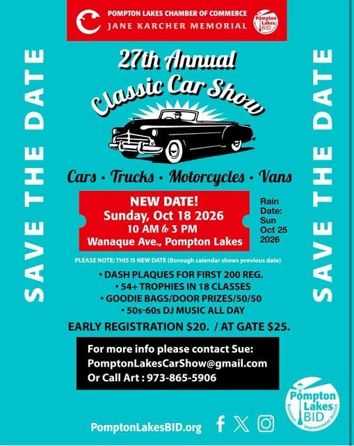 Flyer for 27th Annual Pompton Lakes Classic Car Show