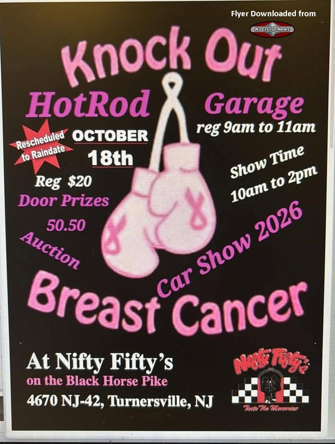 Flyer for Knock Out Hot Rod Garage Breast Cancer Car Show 2026