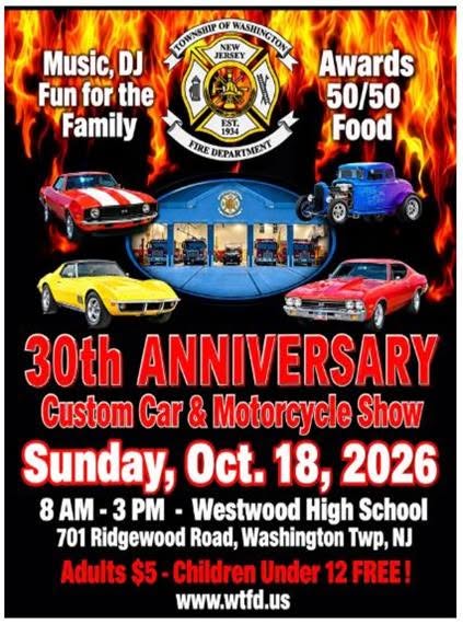 Flyer for Washington Township Fire Department 30th Anniversary Custom Car & Motorcycle Show