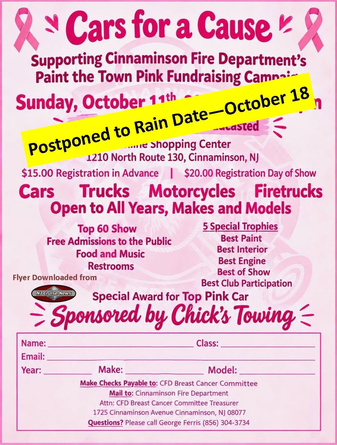 Flyer for Cinnaminson Fire Department Paint the Town Pink Cars for a Cause