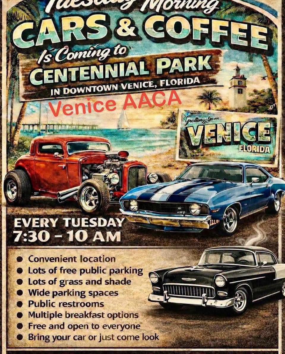 Flyer for Tuesday Morning Cars & Coffee at Centennial Park