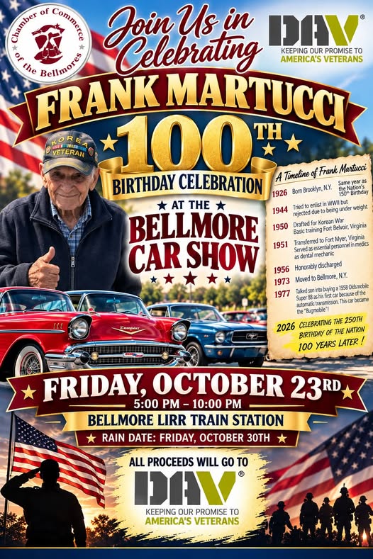 Flyer for Frank Martucci 100th Birthday Celebration at the Bellmore Car Show