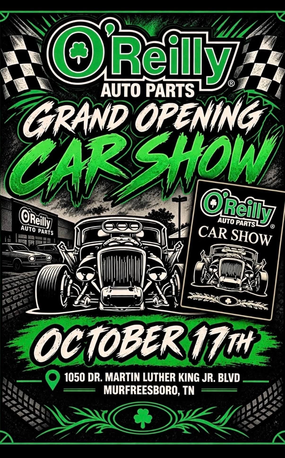 Flyer for O'Reilly Auto Parts Grand Opening Car Show