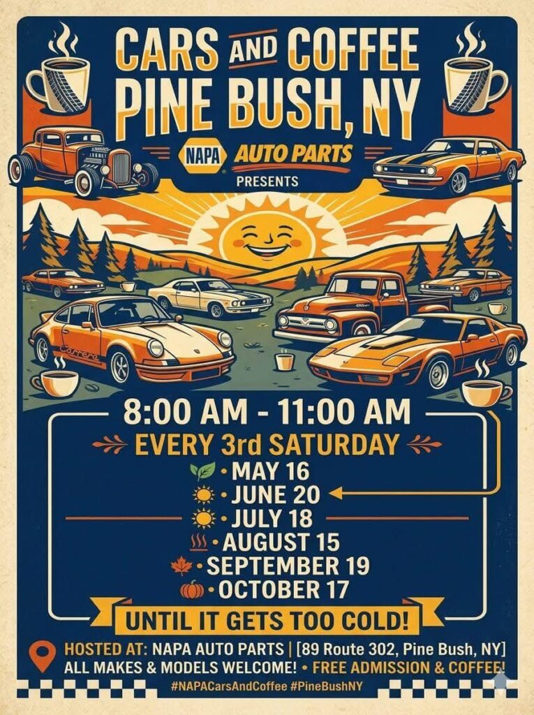 Flyer for Cars and Coffee Pine Bush, NY