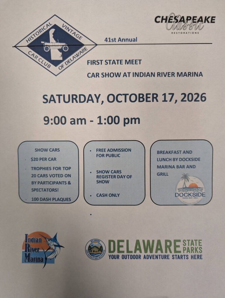 Flyer for 41st Annual Historical Vintage Car Club of Delaware First State Meet Car Show