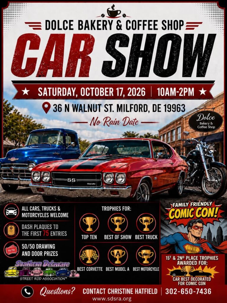 Flyer for Dolce Bakery & Coffee Shop Car Show