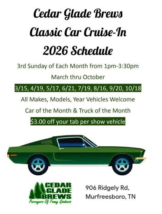 Flyer for Cedar Glade Brews Classic Car Cruise-In