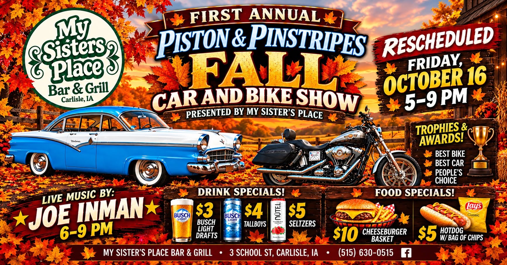Flyer for First Annual Piston & Pinstripes Fall Car and Bike Show