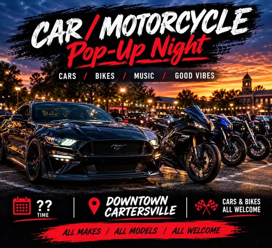 Flyer for Car/Motorcycle Pop-Up Night Downtown Cartersville