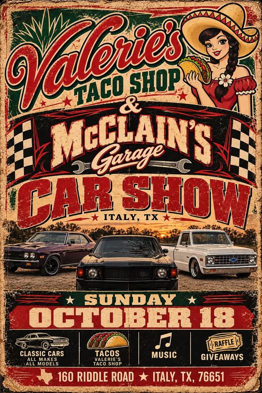 Flyer for Valerie's Taco Shop & McClain's Garage Car Show