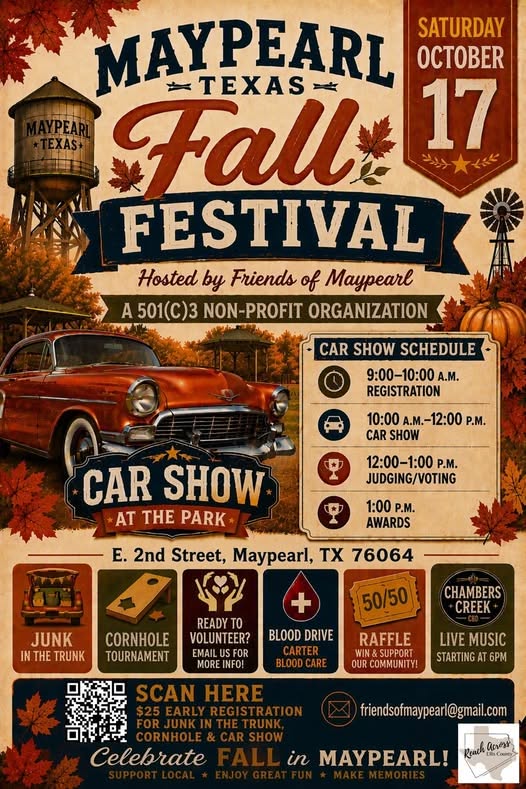 Flyer for Maypearl Fall Festival Car Show at the Park
