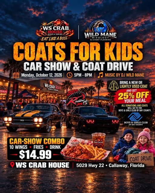 Flyer for WS Crab House Coats for Kids Car Show & Coat Drive
