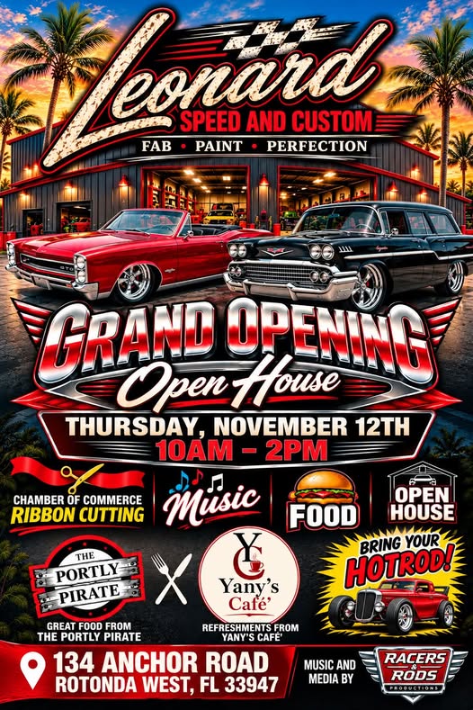 Flyer for Leonard Speed and Custom Grand Opening Open House