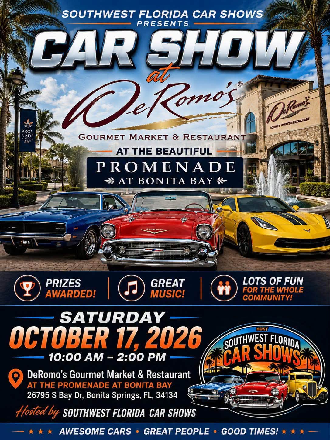 Flyer for Southwest Florida Car Shows Car Show at DeRomo's