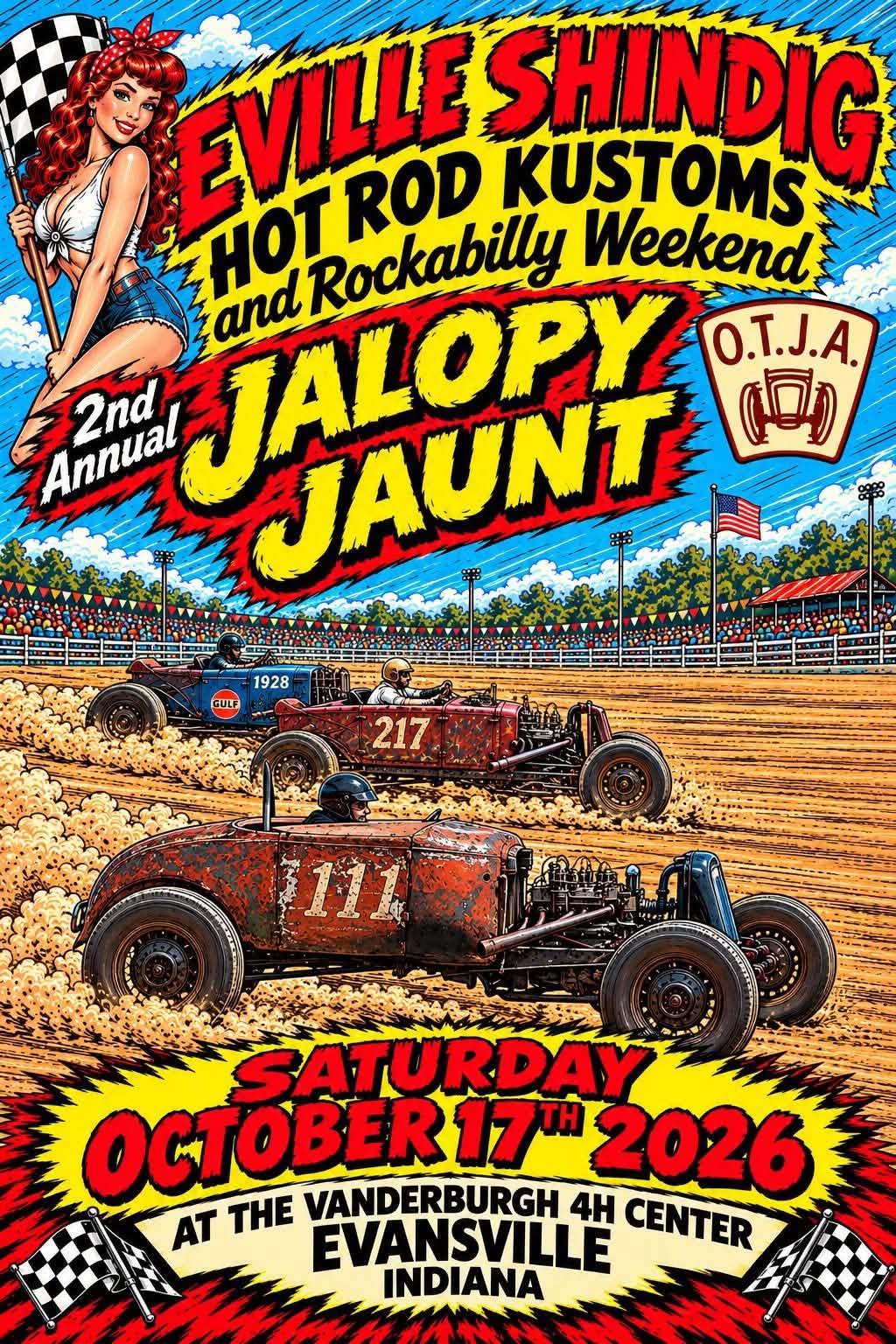 Flyer for 2nd Annual Eville Shindig Hot Rod Kustoms and Rockabilly Weekend Jalopy Jaunt