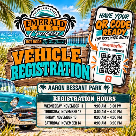 Flyer for Emerald City Steel Cruizin' Hot Rods on the Beach Vehicle Registration