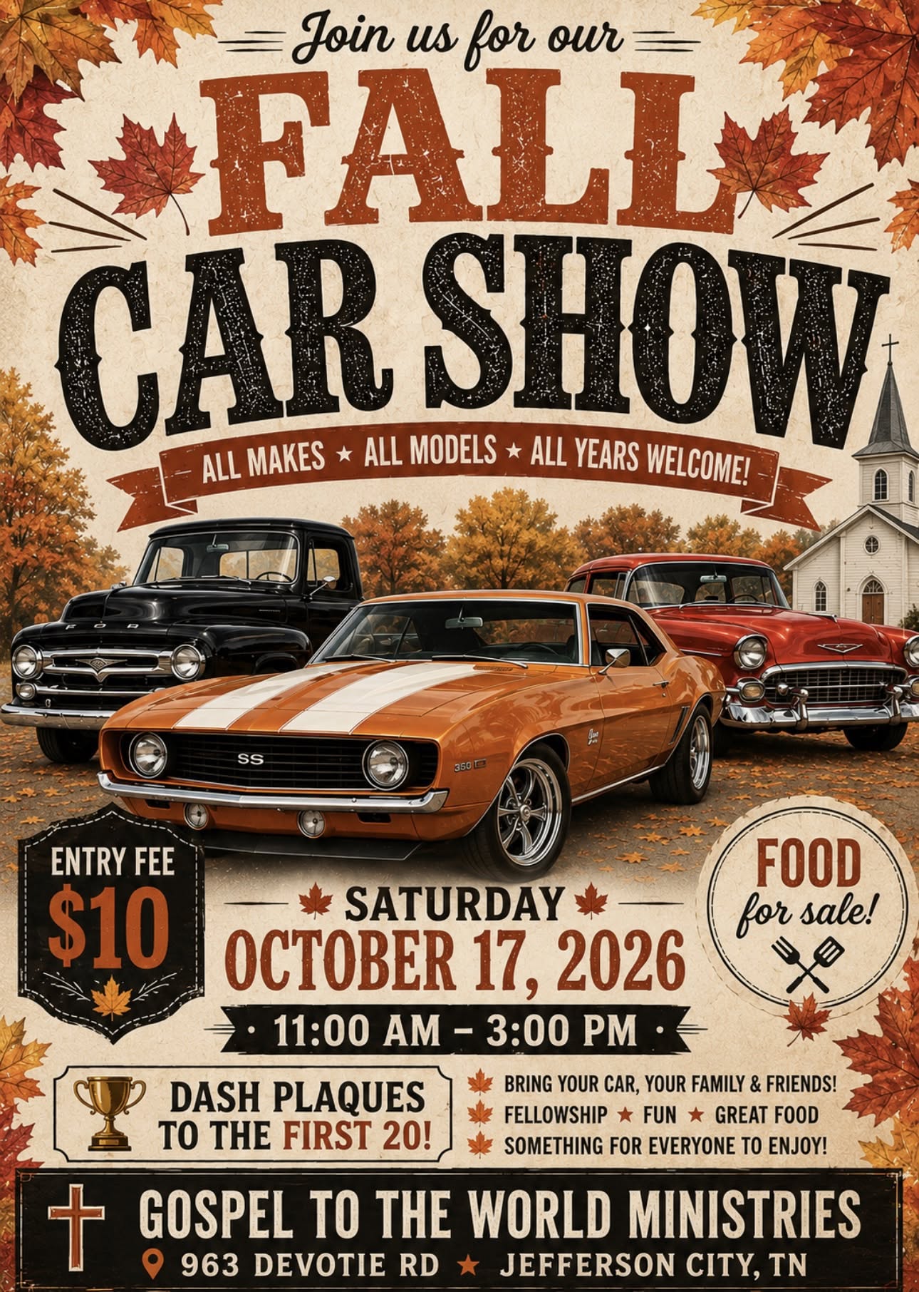 Flyer for Gospel to the World Ministries Fall Car Show