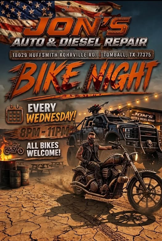 Flyer for Jon's Auto & Diesel Repair Bike Night