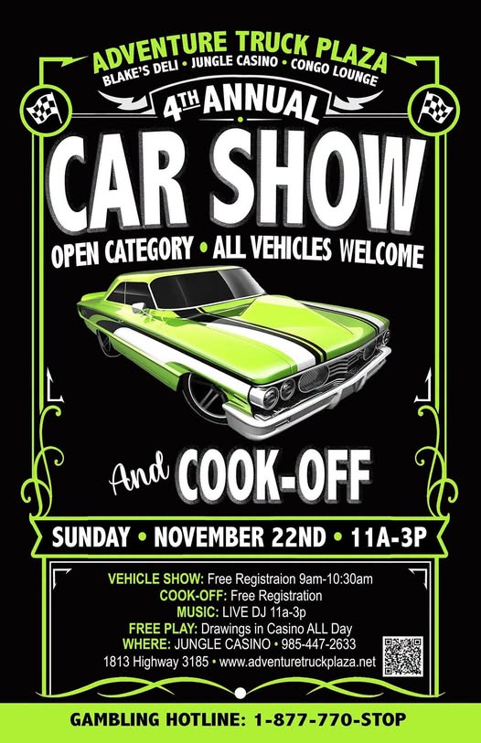 Flyer for Adventure Truck Plaza 4th Annual Car Show and Cook-Off