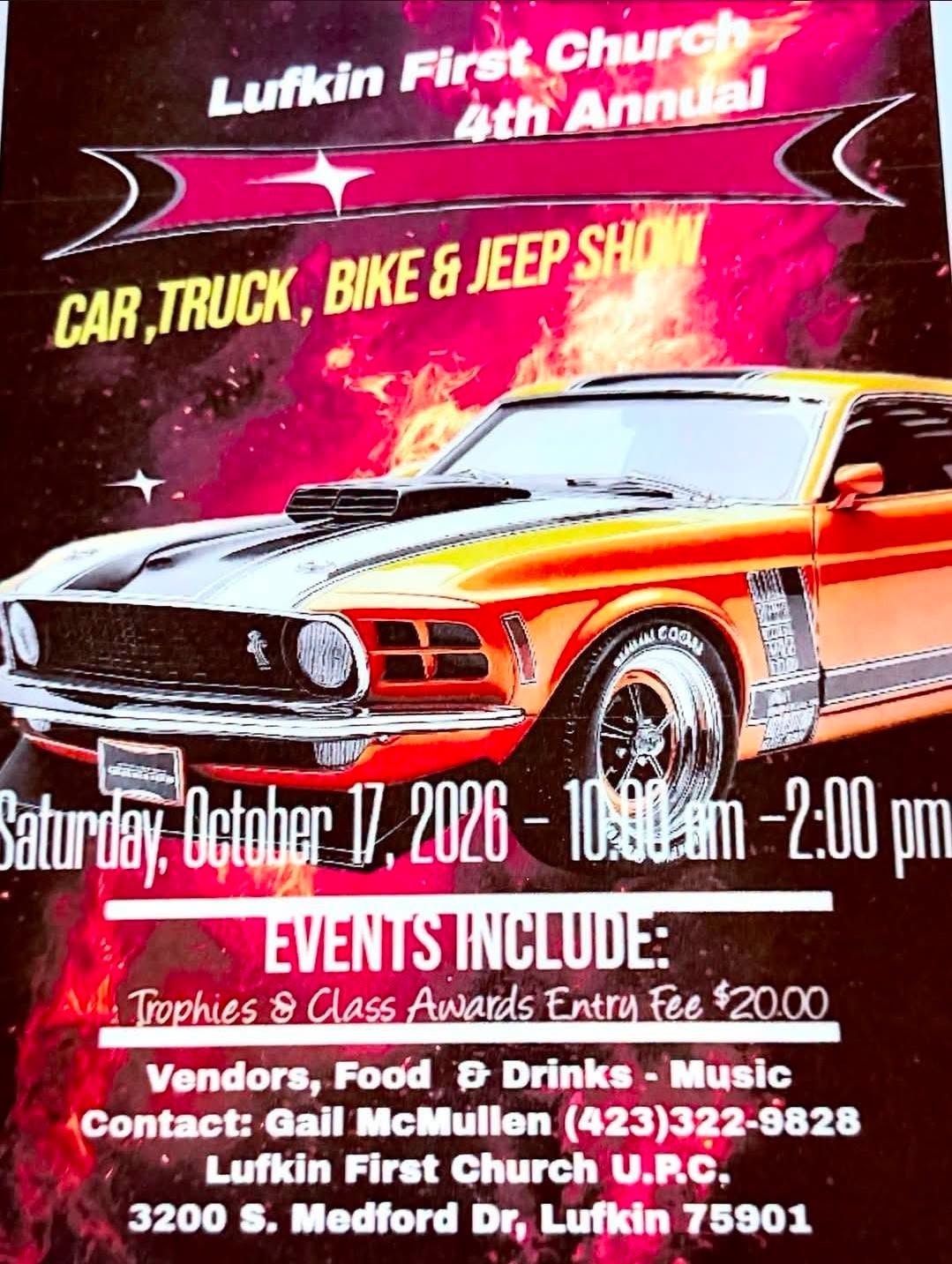 Flyer for Lufkin First Church 4th Annual Car, Truck, Bike & Jeep Show