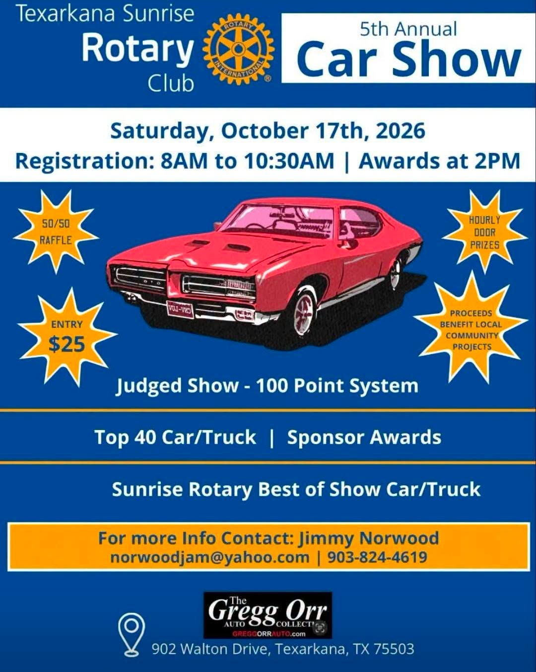 Flyer for Texarkana Sunrise Rotary Club 5th Annual Car Show
