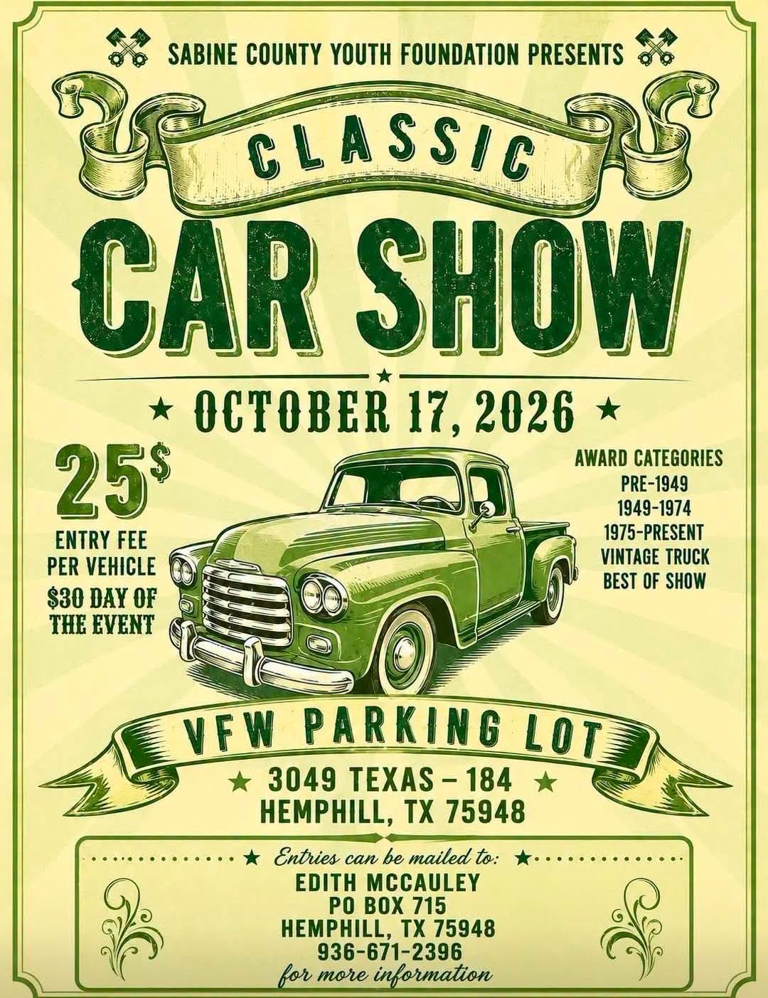 Flyer for Sabine County Youth Foundation Classic Car Show