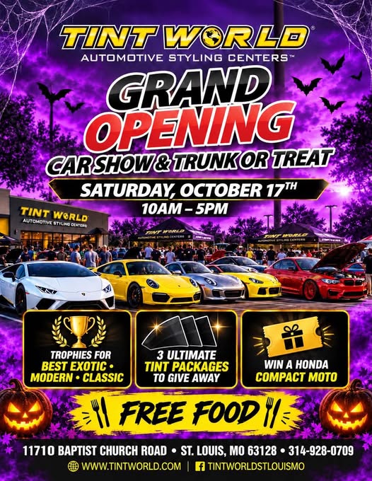 Flyer for Tint World Automotive Styling Centers Grand Opening Car Show & Trunk or Treat