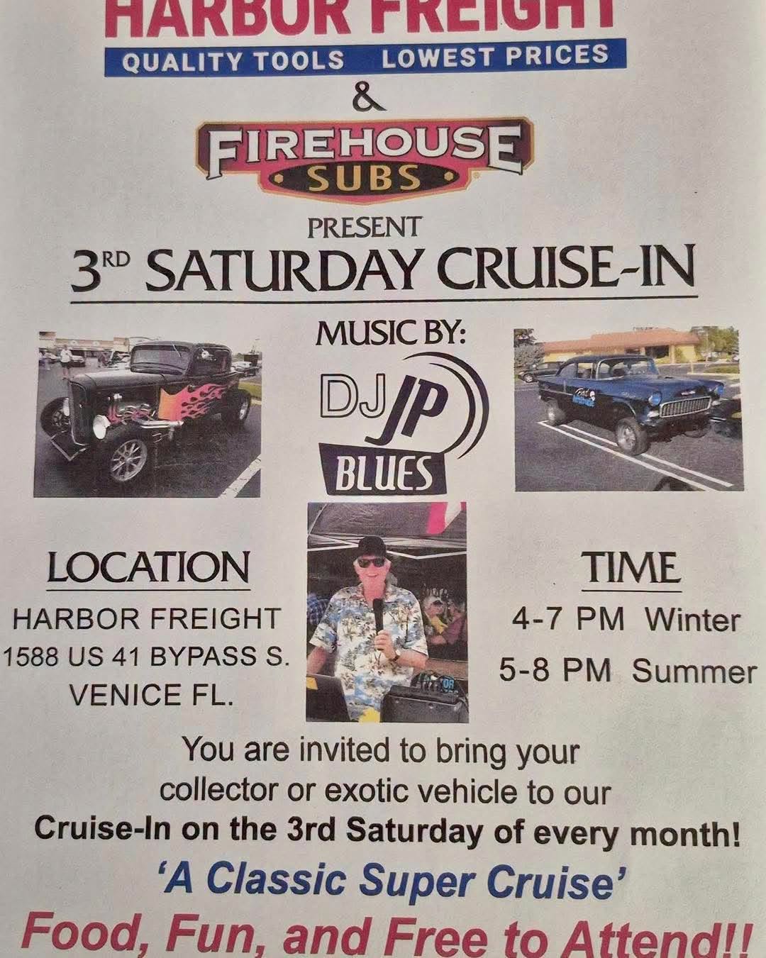Flyer for Harbor Freight & Firehouse Subs 3rd Saturday Cruise-In