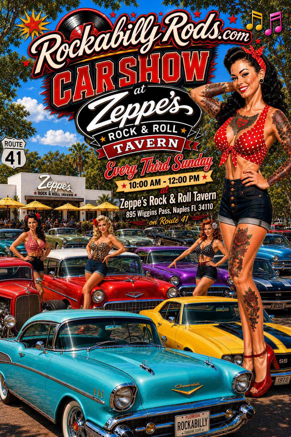 Flyer for Rockabilly Rods Car Show at Zeppe's Rock & Roll Tavern