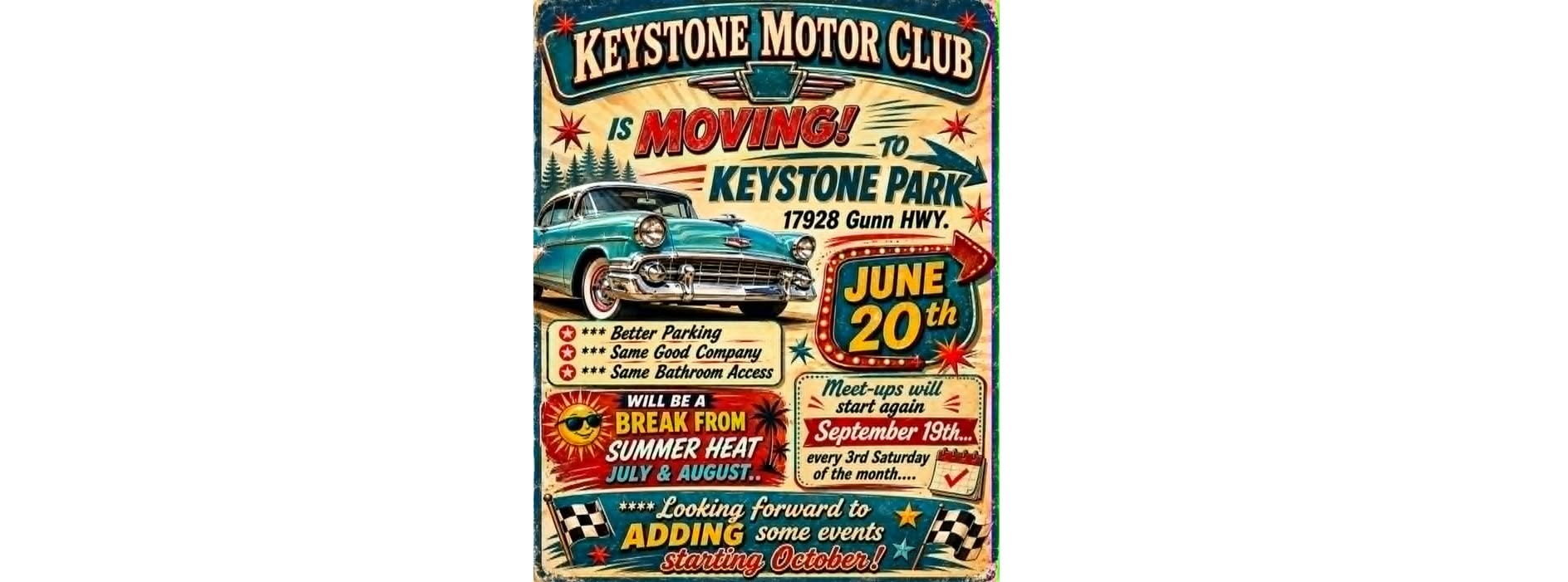Flyer for Keystone Motor Club Move to Keystone Park
