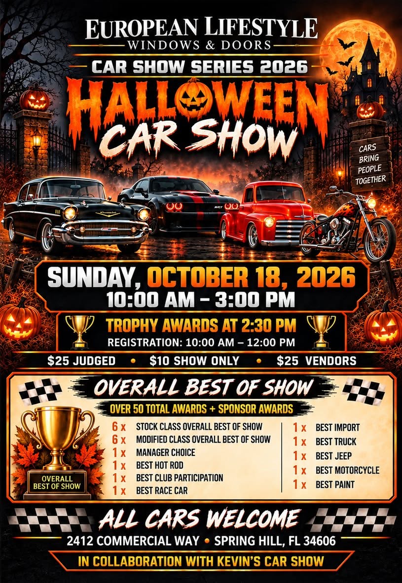Flyer for European Lifestyle Windows & Doors Halloween Car Show Series 2026