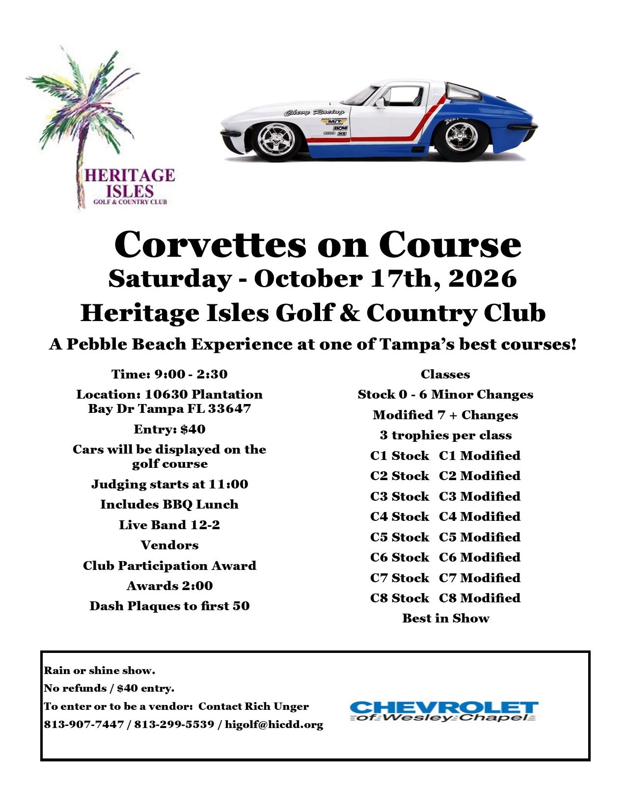 Flyer for Corvettes on Course at Heritage Isles Golf & Country Club
