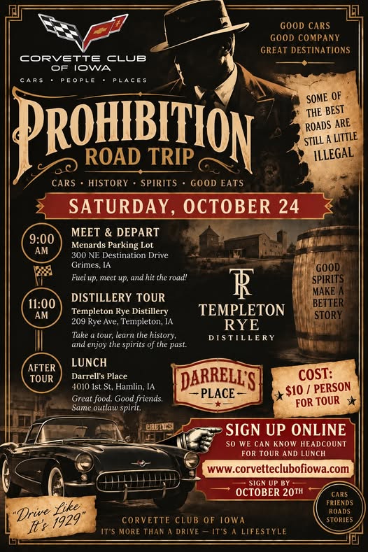Flyer for Corvette Club of Iowa Prohibition Road Trip