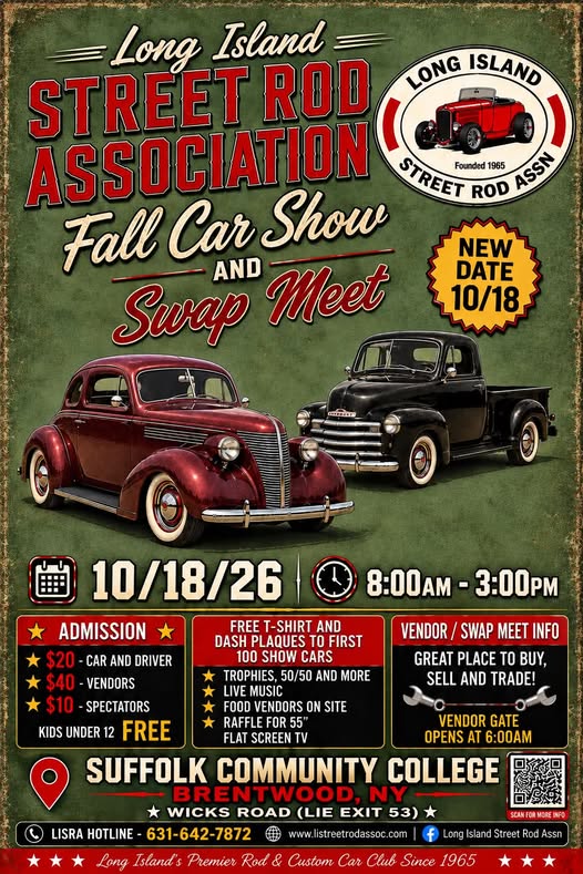 Flyer for Long Island Street Rod Association Fall Car Show and Swap Meet