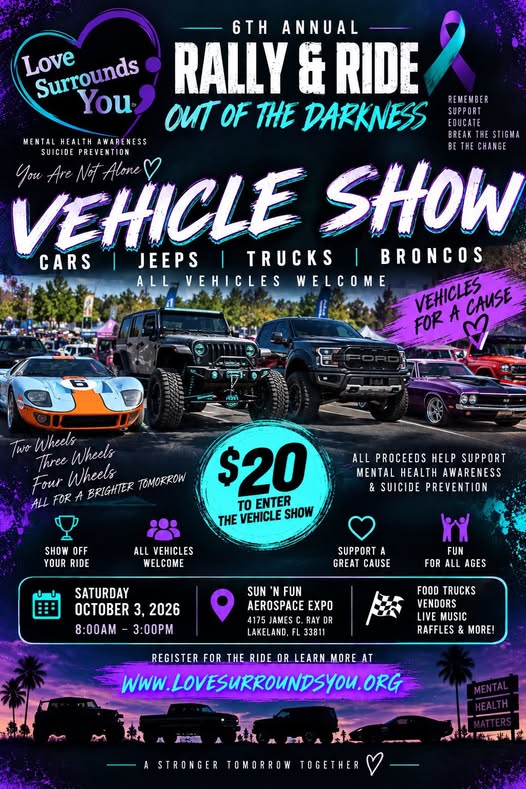 Flyer for 6th Annual Rally & Ride Out of the Darkness Vehicle Show