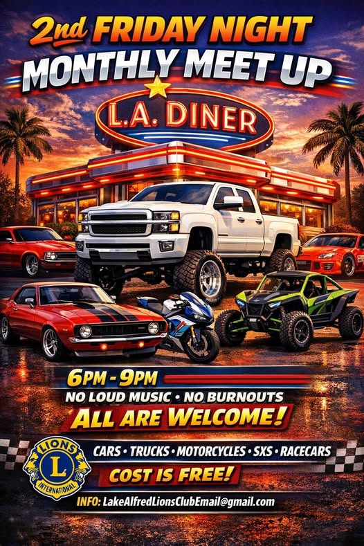 Flyer for Lake Alfred Lions Club 2nd Friday Night Monthly Meet Up