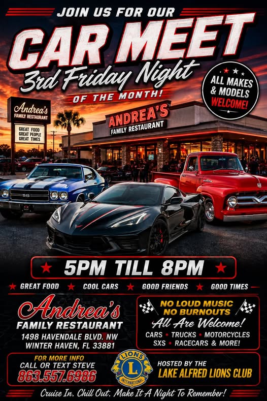 Flyer for Andrea's Family Restaurant 3rd Friday Night Car Meet