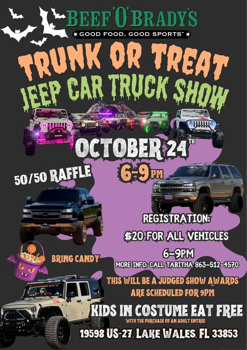 Flyer for Beef O'Brady's Trunk or Treat Jeep Car Truck Show