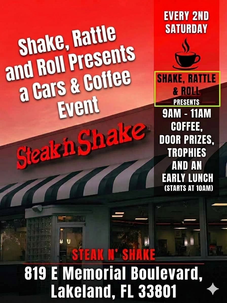 Flyer for Shake, Rattle and Roll Presents a Cars & Coffee Event