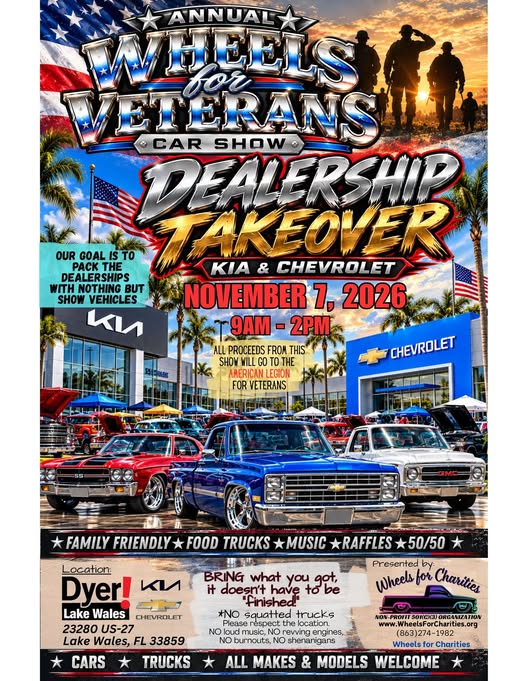 Flyer for Annual Wheels for Veterans Car Show - Kia & Chevrolet Dealership Takeover