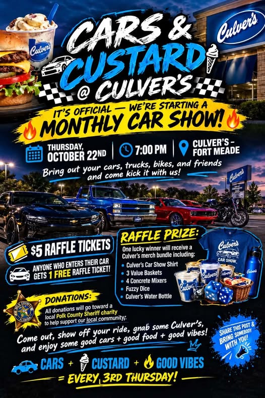 Flyer for Cars & Custard Monthly Car Show at Culver's