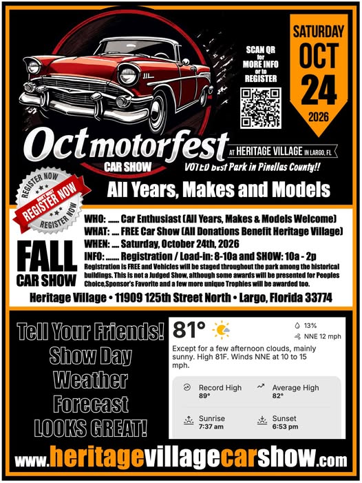 Flyer for Oct Motorfest Fall Car Show at Heritage Village