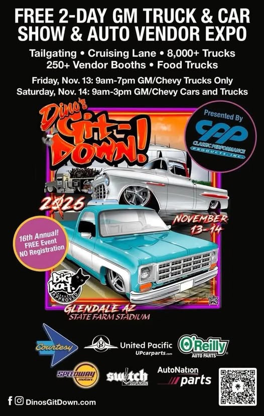 Flyer for Dino's Git Down GM Truck & Car Show & Auto Vendor Expo