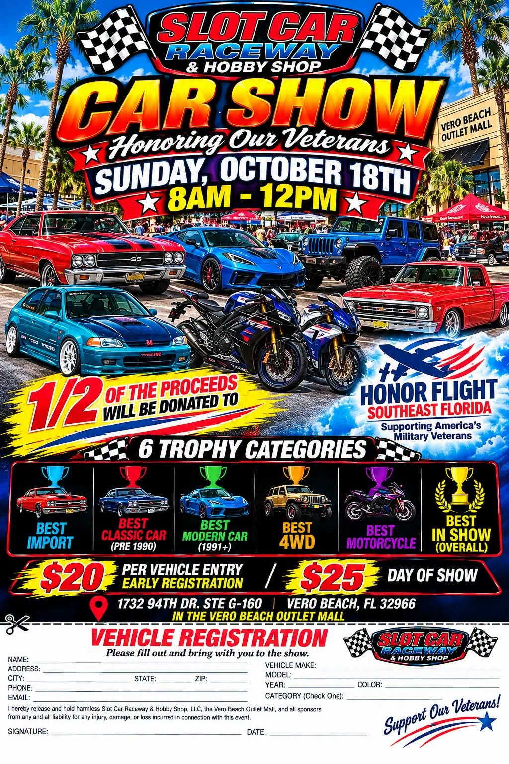 Flyer for Slot Car Raceway & Hobby Shop Car Show Honoring Our Veterans