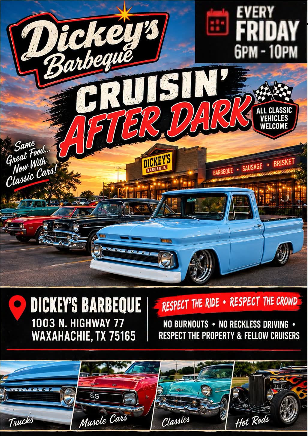 Flyer for Dickey's Barbeque Cruisin' After Dark