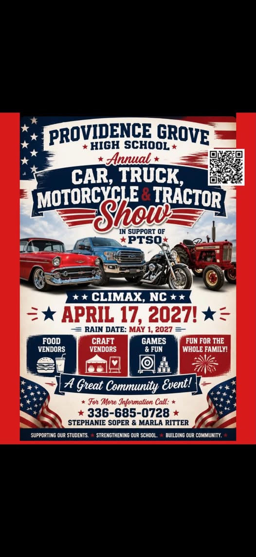 Flyer for Providence Grove High School Annual Car, Truck, Motorcycle & Tractor Show