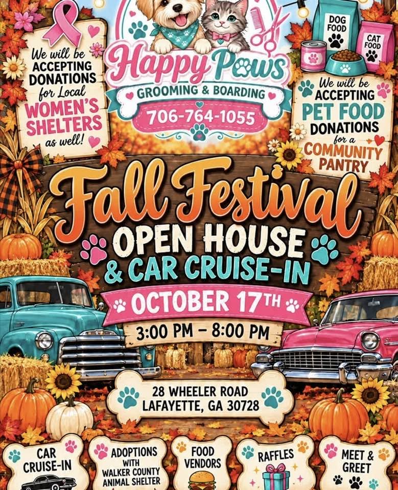 Flyer for Happy Paws Grooming & Boarding Fall Festival Open House & Car Cruise-In