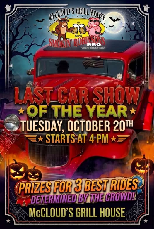 Flyer for McCloud's Grill House Last Car Show of the Year